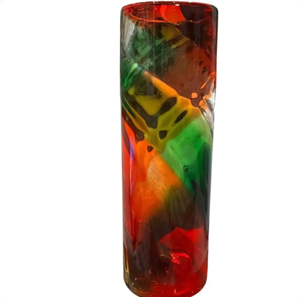 Art Glass Hand Blown Swirl Vase Red Green Clear 12